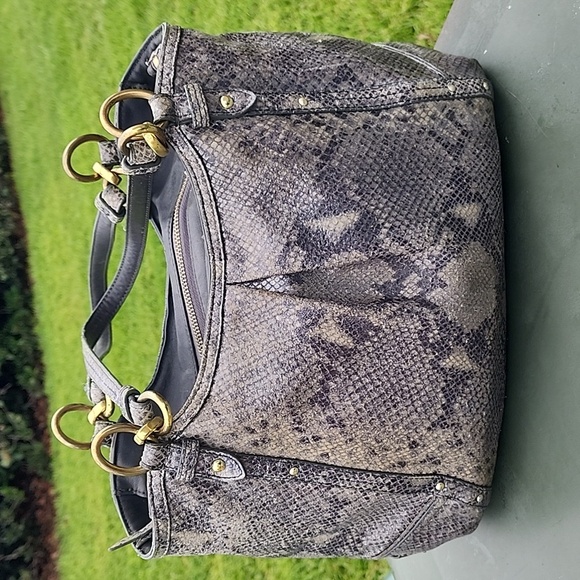 Coach Light Grey/Beige Python Embossed Leather Shoulder Tote Bag - Picture 1 of 15